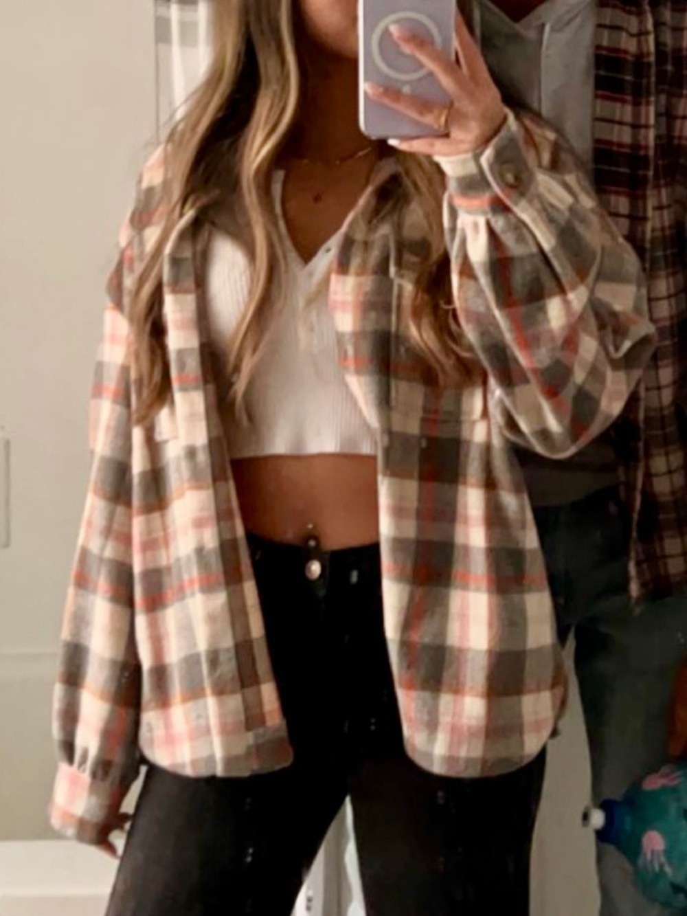 Altard State Cream, Gray & Pink Thick Plaid Button Up Flannel